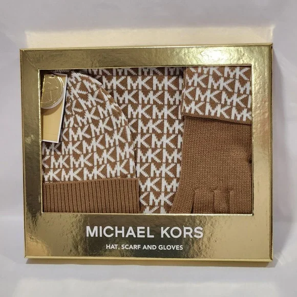 NIB Michael Kors pc Gift Set HAT, SCARF &‎ GLOVES Brown White MK